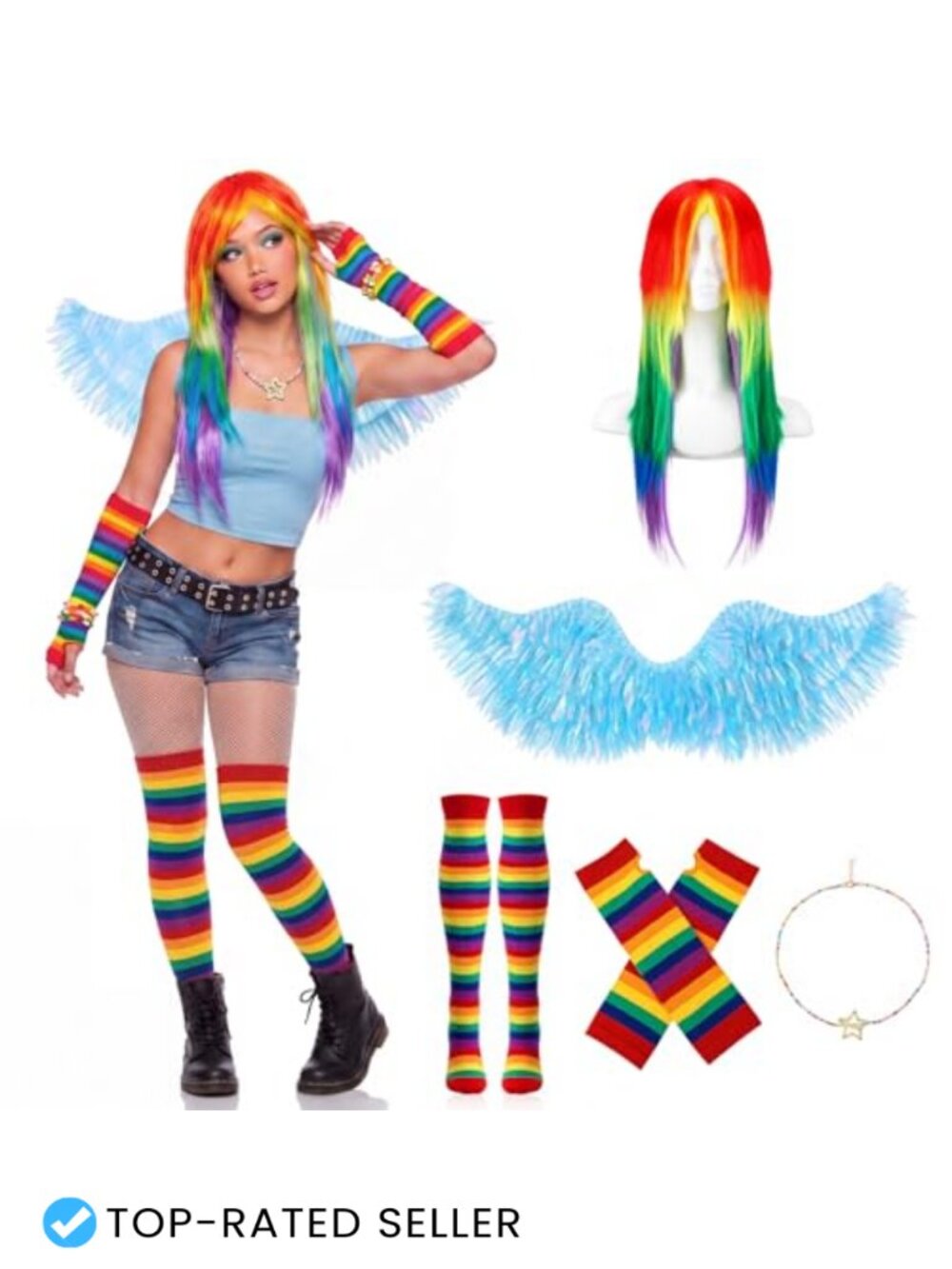 Rainbow Costume Set with Wings Wig Socks Necklace